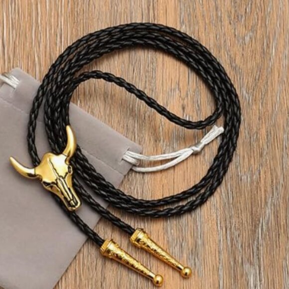 Golden Skull Western Bolo Tie Hat Necklace Accessory - Picture 3 of 5